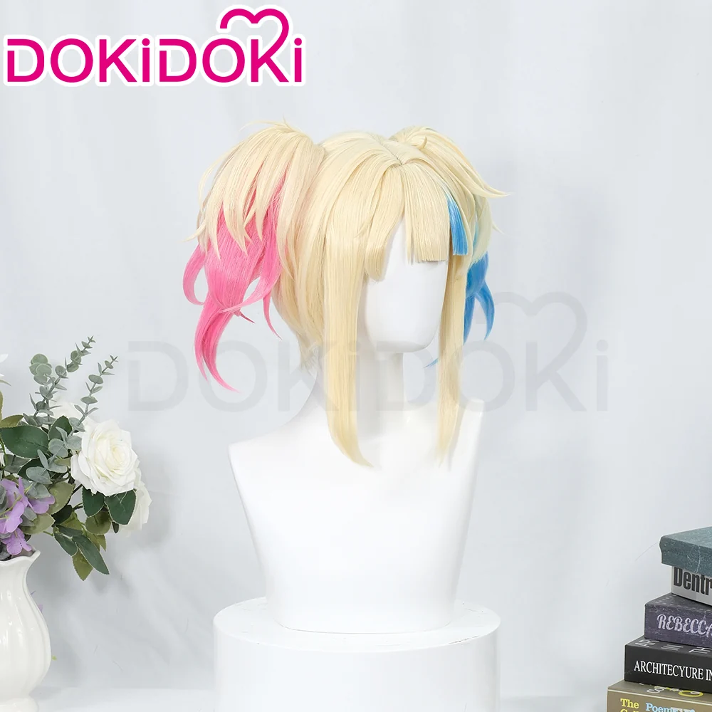 【Ready For Ship】DokiDok Anime Cosplay dyeing Wig / Tattoo Stickers/Earring Long Curly Pink Blue Wig - Image 3