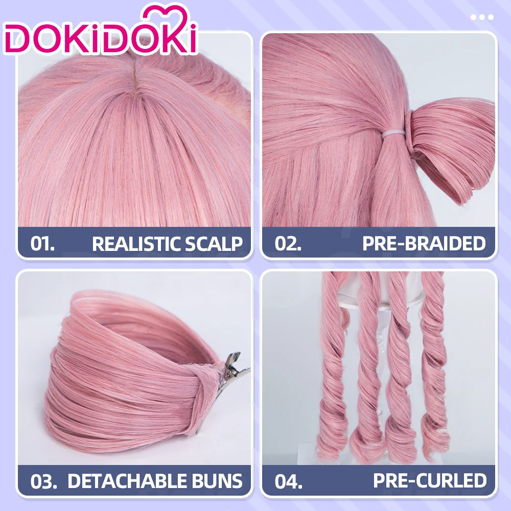 DokiDoki Anime Cosaply Wig Long Curly Pink Hair Pre Braided Pre Curled Detachable Buns HEROINESSS - Image 3