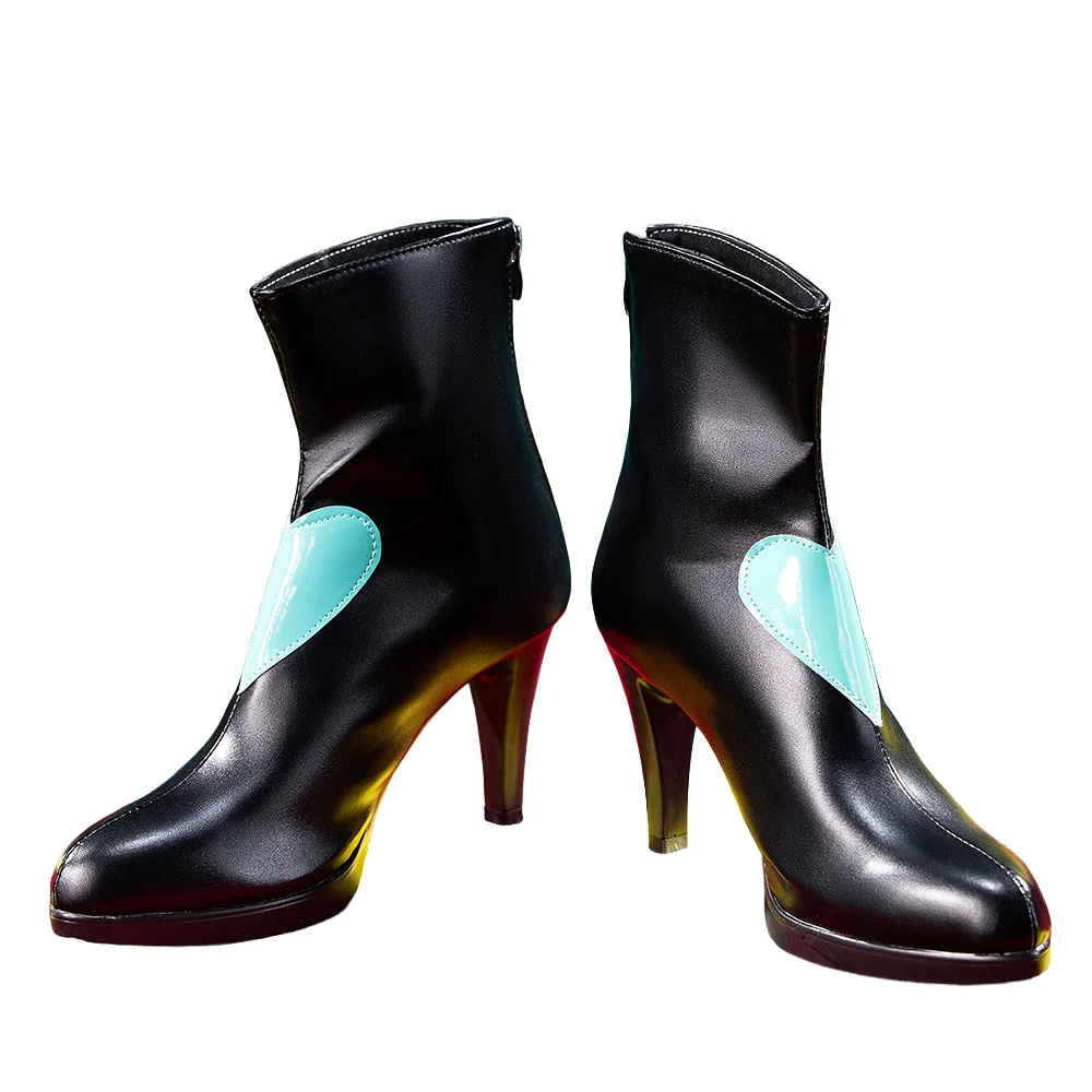 DokiDoki Anime Cosplay Black Leather Shoes High Heels Blue Heart - Image 4
