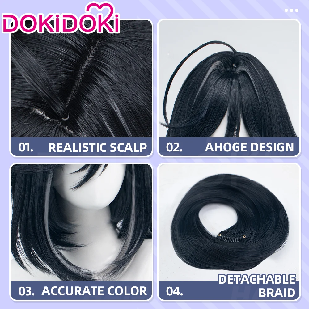 DokiDoki Anime The Ribbon Hero Cosplay Sapphire Wig Long Straight Black Grey Highlight Hair Detachable Braid Ahoge - Image 4