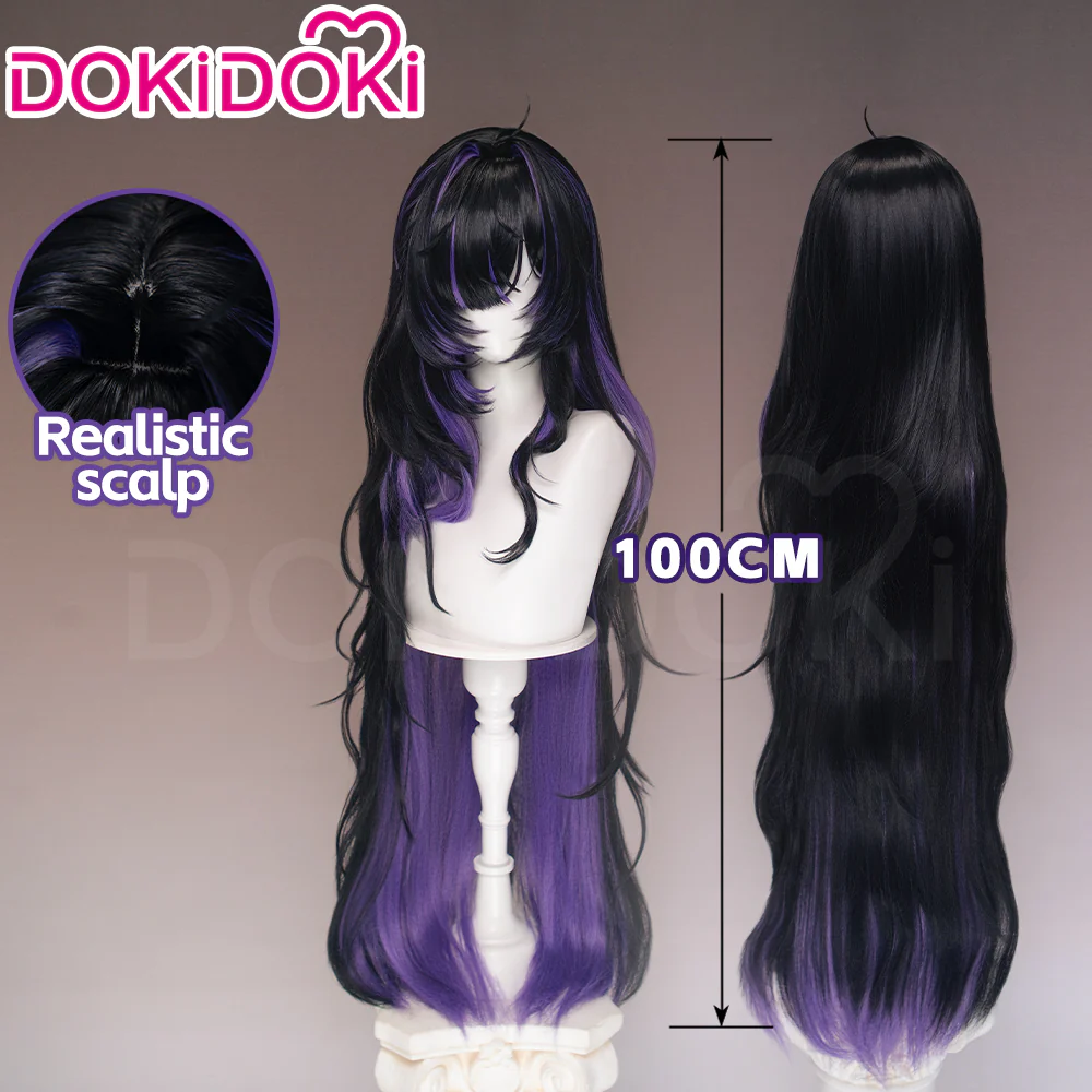 DokiDoki Game Cosplay Wig Long Curly Black Purple Highlight Hair