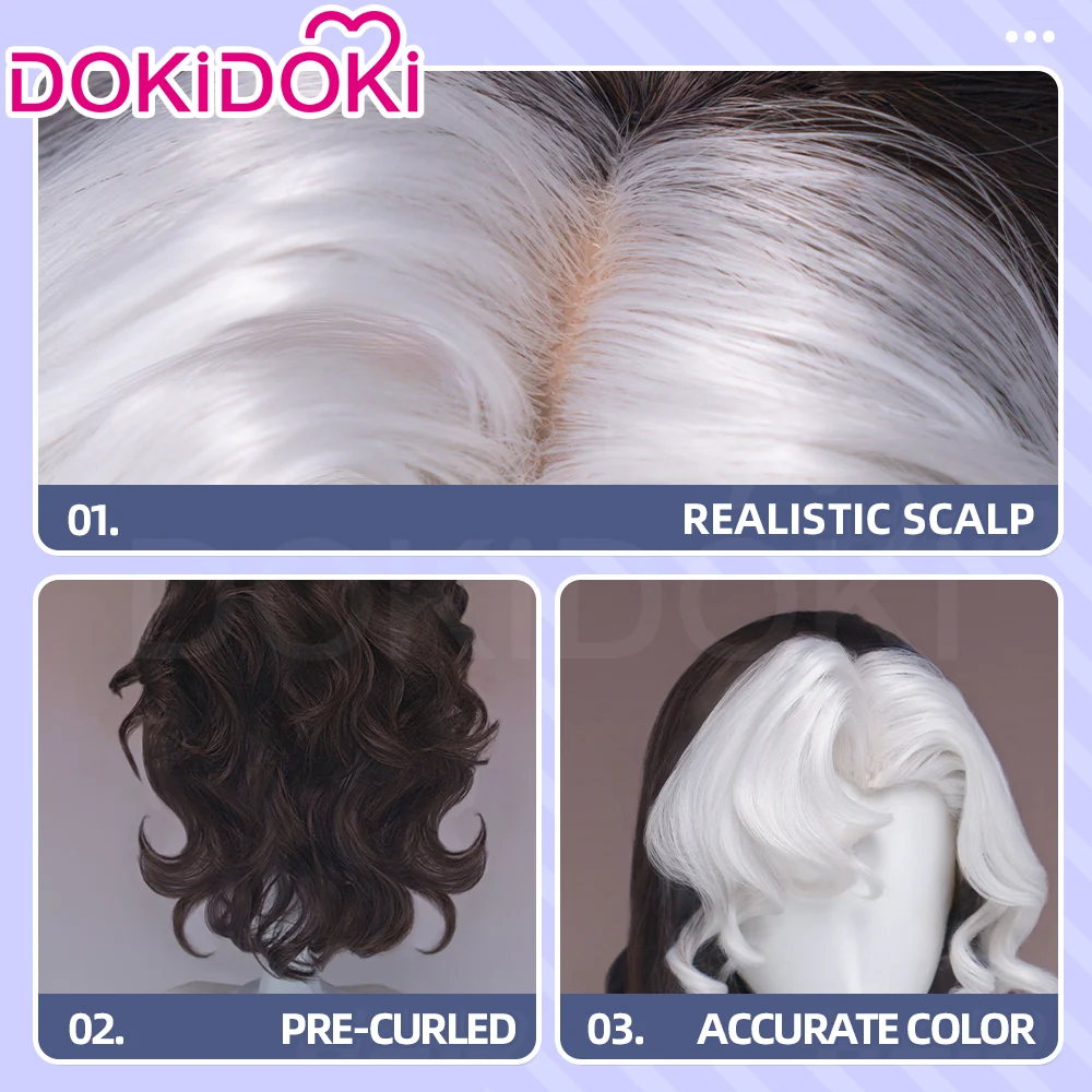 Dokidoki Game Cosplay Wig Long Curly Dark Brown White Highlight Hair - Image 4