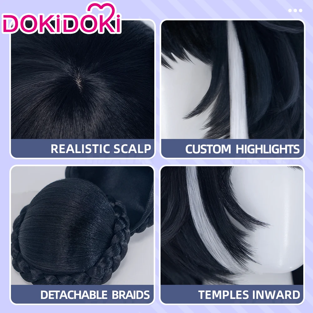 DokiDoki Game Cosplay Wig Long Straight Black White Highlight Hair Detachable Braids - Image 4