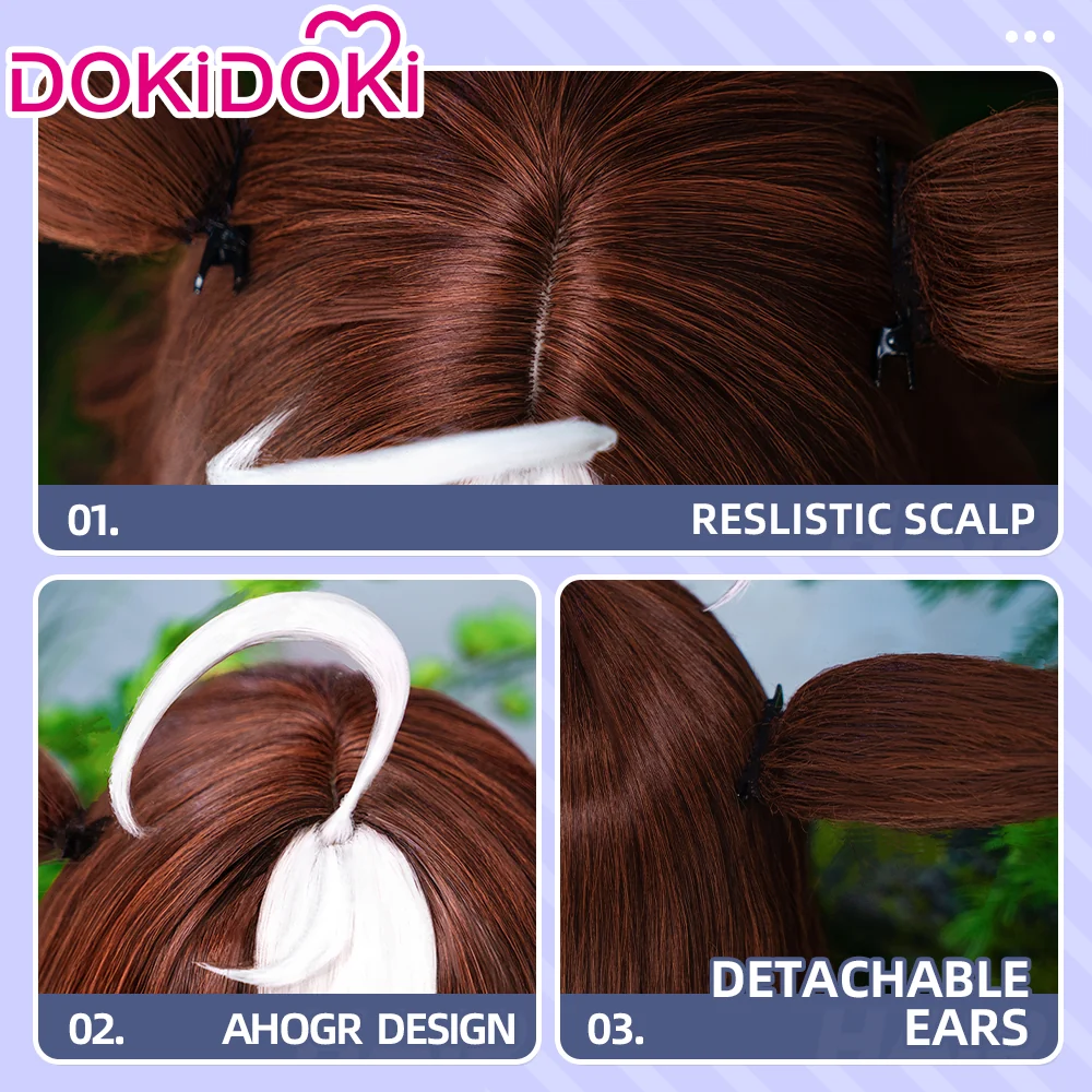 DokiDoki Game Cosplay Wig Short Curly Brown White Highlight Hair Detachable Ears - Image 4