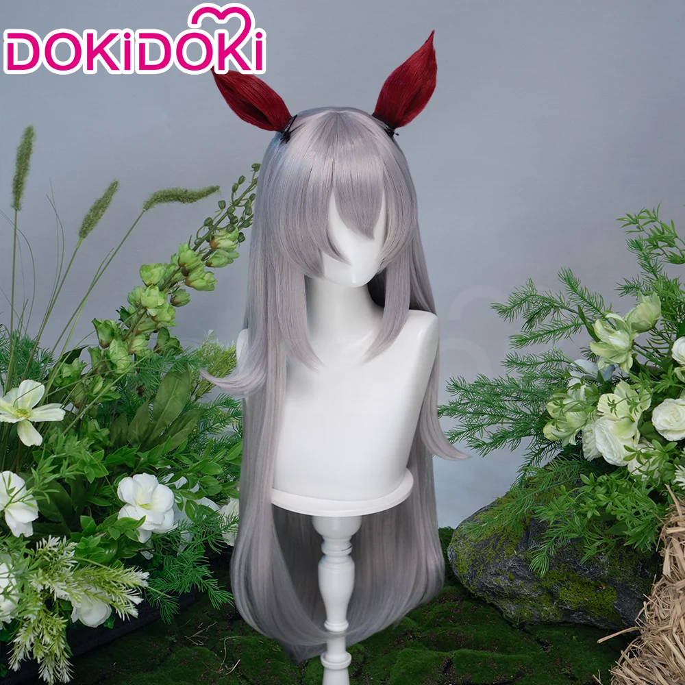 DokiDoki Game Cosplay Wig Long Straight Silver Hair Red Detachable Ears - Image 3
