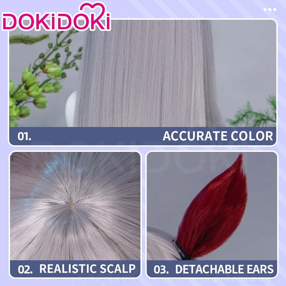 DokiDoki Game Cosplay Wig Long Straight Silver Hair Red Detachable Ears - Image 4