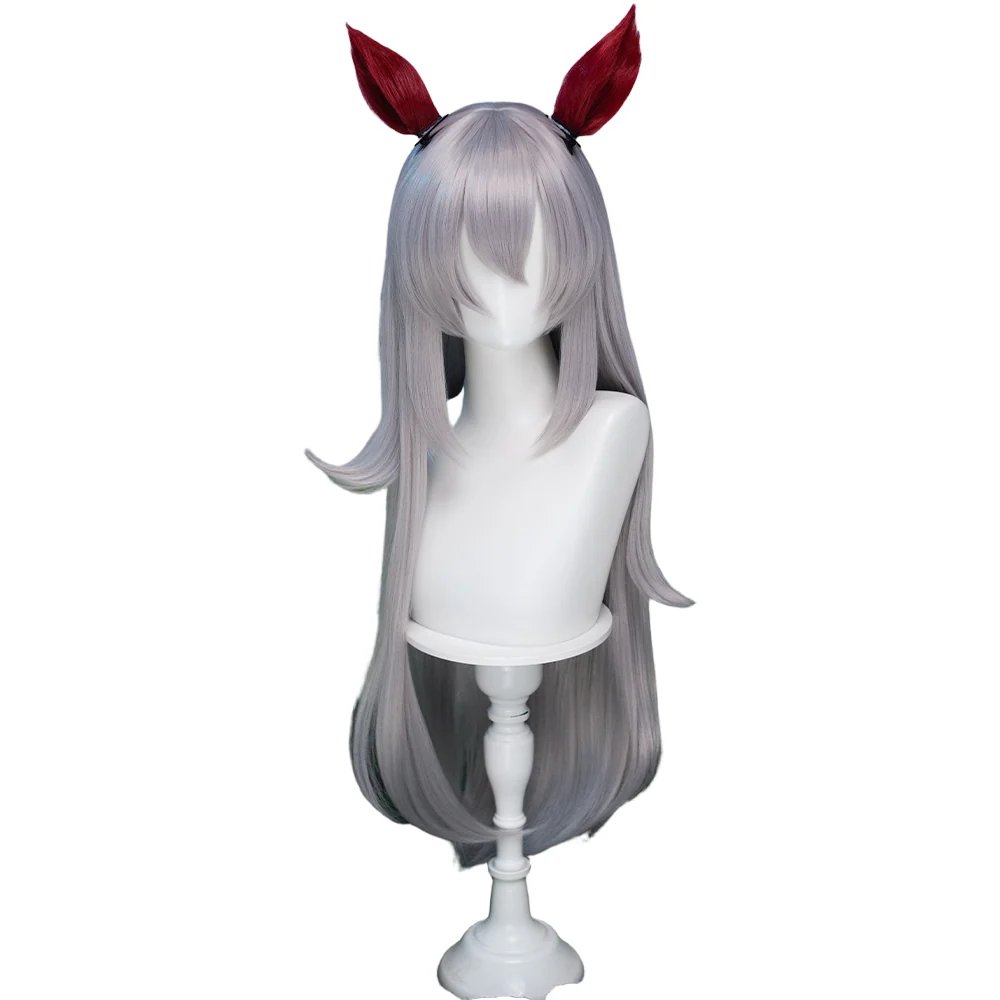 DokiDoki Game Cosplay Wig Long Straight Silver Hair Red Detachable Ears - Image 5