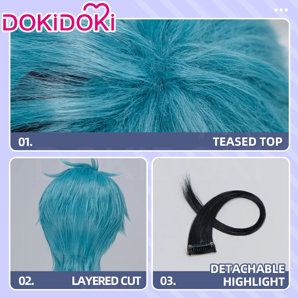 【Ready For Ship】DokiDoki Game Cosplay Wig Short Blue Black Highlight Hair - Image 4