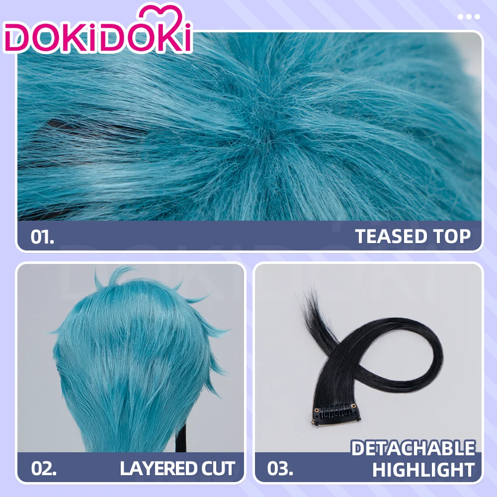 【Ready For Ship】DokiDoki Game Cosplay Wig Short Blue Black Highlight Hair - Image 4