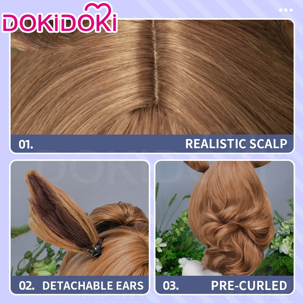 DokiDoki Game Cosplay Wig Short Curly Brown Hair Detachable Ears - Image 4