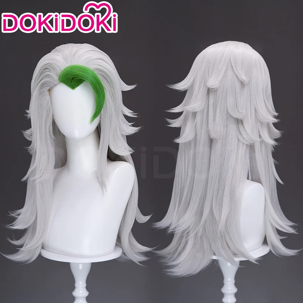 DokiDoki Game Cosplay Wolf Wig Long Curly Silver Hair Green Highlight