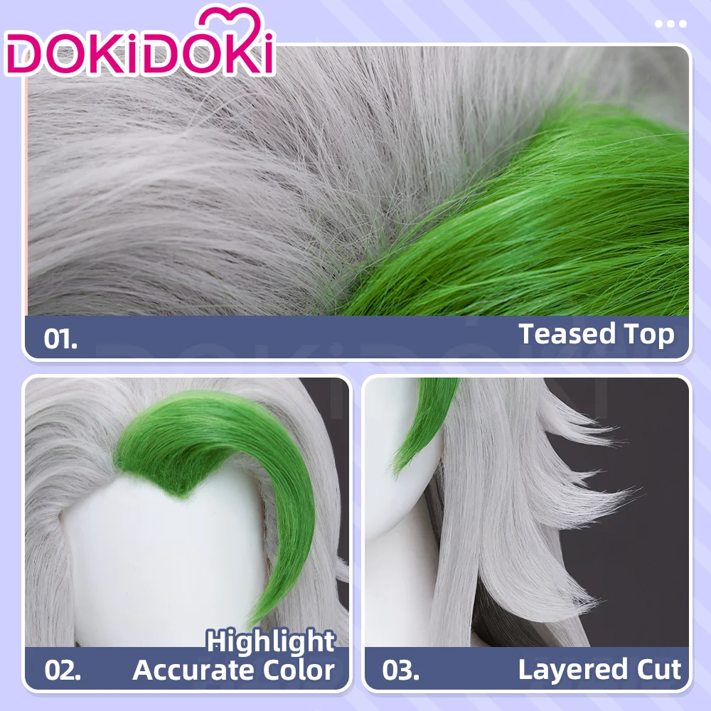 DokiDoki Game Cosplay Wolf Wig Long Curly Silver Hair Green Highlight - Image 4