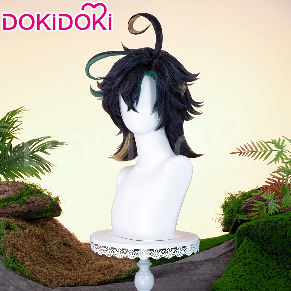 【Ready For Ship】DokiDoki Game Genshin Impact Cosplay Kinich Wig Short Black Green / Yellow Highlights Hair / Tattoo Sticker / Ear Clip / Head Accessories /  Weft Natlan - Image 3