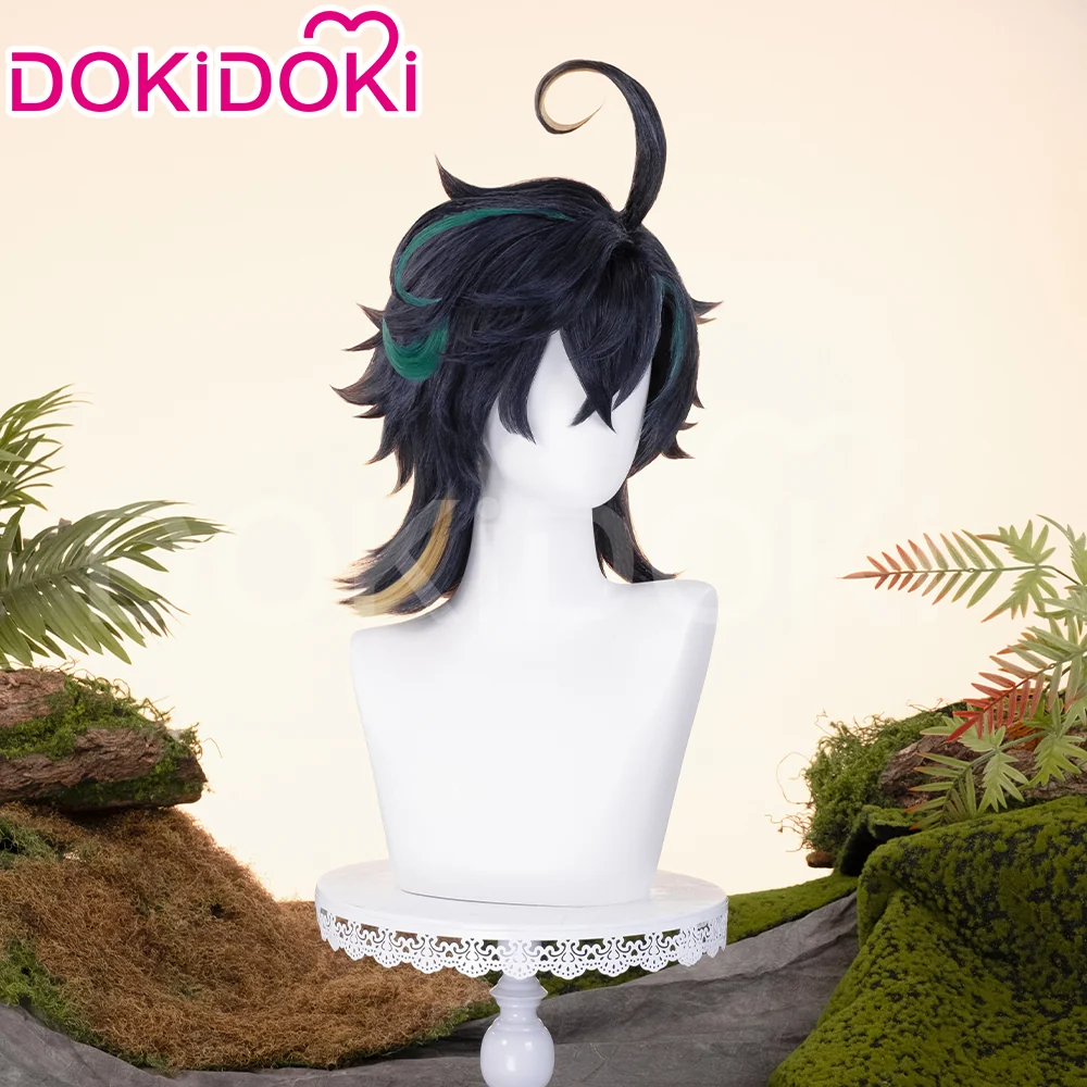 【Ready For Ship】DokiDoki Game Genshin Impact Cosplay Kinich Wig Short Black Green / Yellow Highlights Hair / Tattoo Sticker / Ear Clip / Head Accessories /  Weft Natlan - Image 4