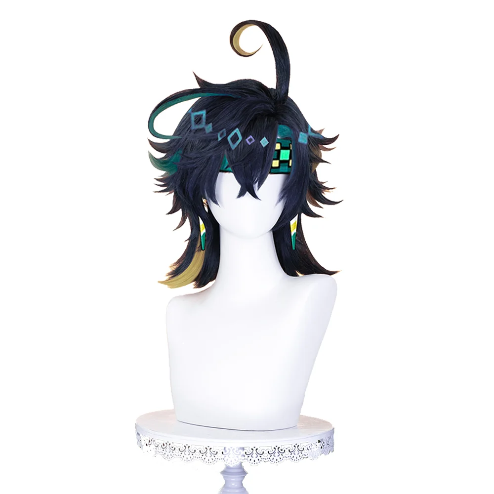【Ready For Ship】DokiDoki Game Genshin Impact Cosplay Kinich Wig Short Black Green / Yellow Highlights Hair / Tattoo Sticker / Ear Clip / Head Accessories /  Weft Natlan - Image 6