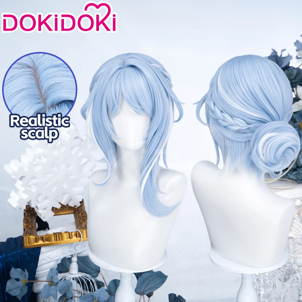 DokiDoki Game Genshin Impact Cosplay Odette Wig Long Blue White Highlight Hair Buns Snezhnaya - Image 2