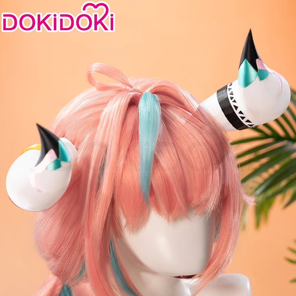 【Wig Ready For Ship】DokiDoki Game Genshin Impact Cosplay Varesa Wig / Horn / Eyelashes Long Pink Green Highlights Hair Removable Ahoge - Image 9