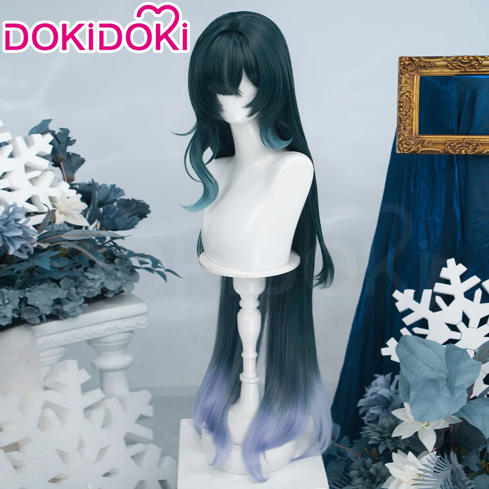 DokiDoki Game Genshin Impact Cosplay Vodyanitsa Wig Long Straight Dark Green Dusty Blue Gradient Hair Snezhnaya Sudden Snow - Image 3