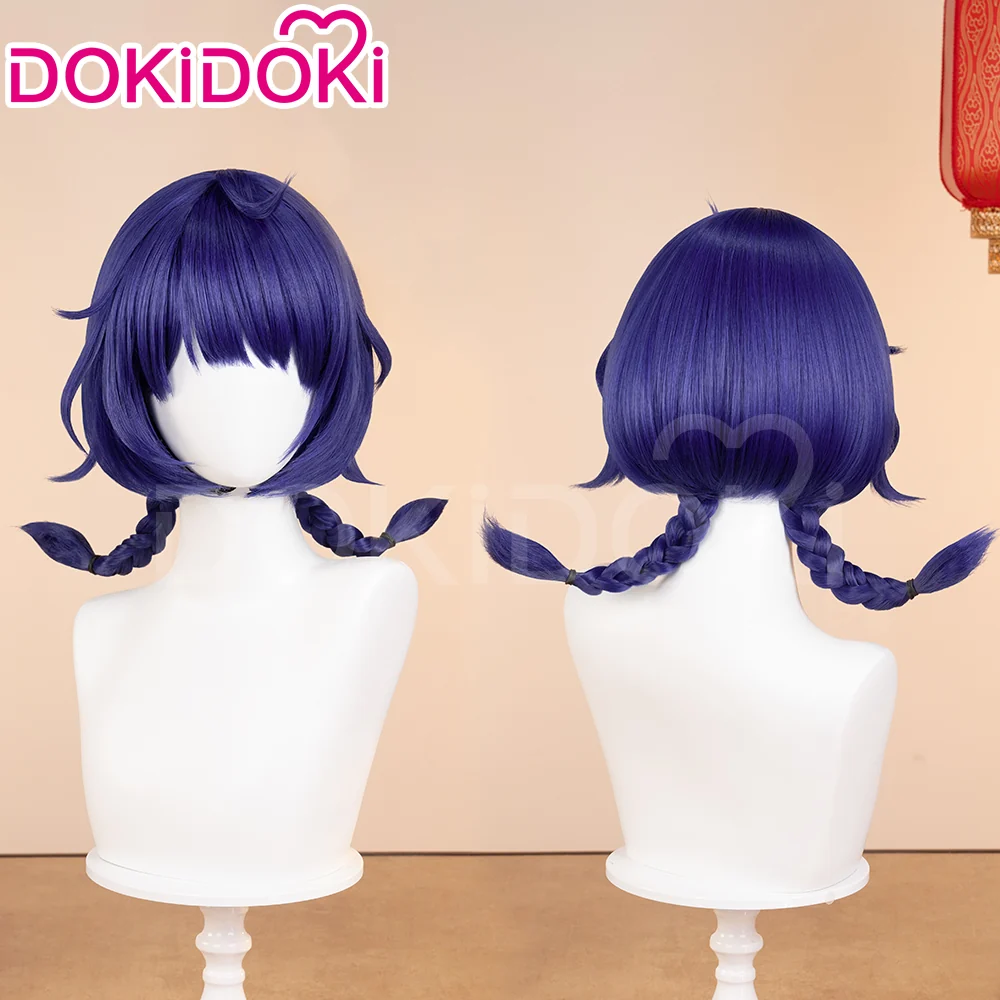 【Ready For Ship】DokiDoki Game Genshin Impact Cosplay Xiang Ling Lantern Rite Wig Short Blue Hair Double Ponytails XiangLing