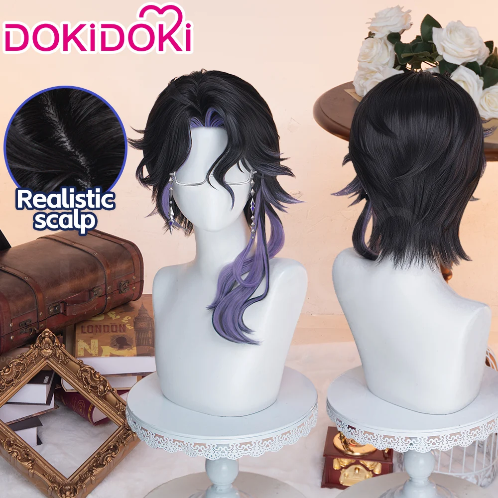 【Partially Ready For Ship】DokiDoki Game Genshin Impact Cosplay Pantalone Wig / Glasses Short Curly Black Purple Hair Fatui Harbinger - Image 9
