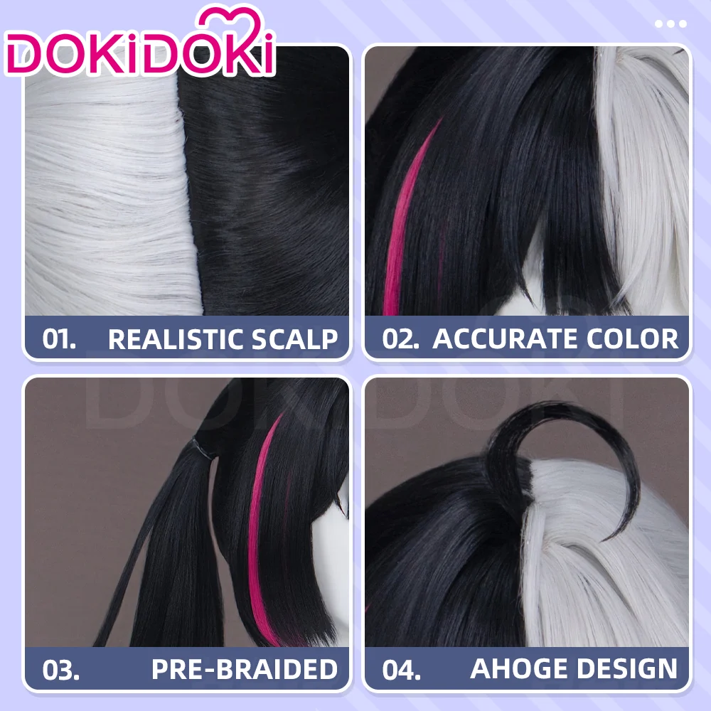 DokiDoki Game Neverness to Everness Cosplay Lacrimosa Wig Long Straight Black Silver Pink Highlight Hair Pre Braided Ahoge NTE - Image 5