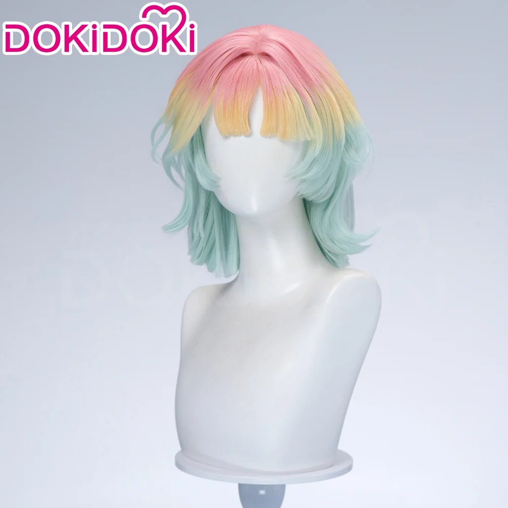 DokiDoki Game Path to Nowhere Cosplay Poffy Wig Short Mint Green Light Yellow Pink Gradient Hair - Image 2
