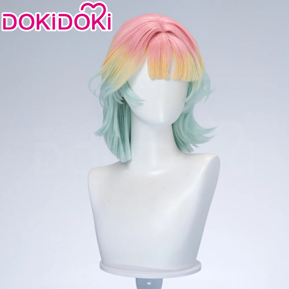 DokiDoki Game Path to Nowhere Cosplay Poffy Wig Short Mint Green Light Yellow Pink Gradient Hair - Image 3