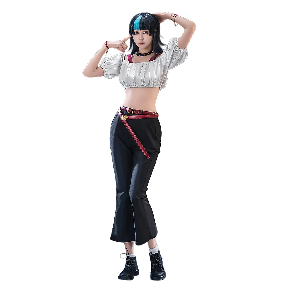 【Size S-2XL】Dokidoki-R Anime Cosplay Costume White Off-Shoulder Crop Top Black Jeans - Image 5