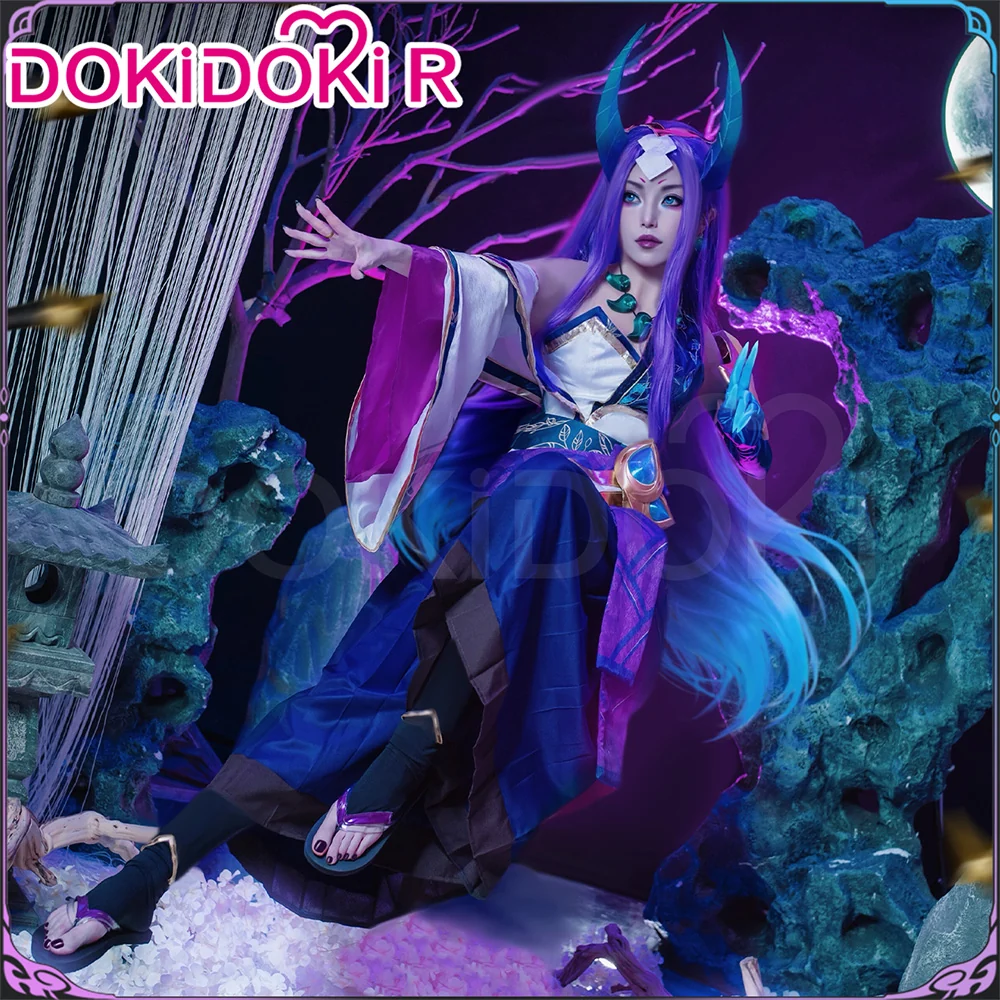 DokiDoki-R Game Cosplay Costume Spiirit Bloossom Purple Bule / Horns / Wig Long Purple Hair - Image 2