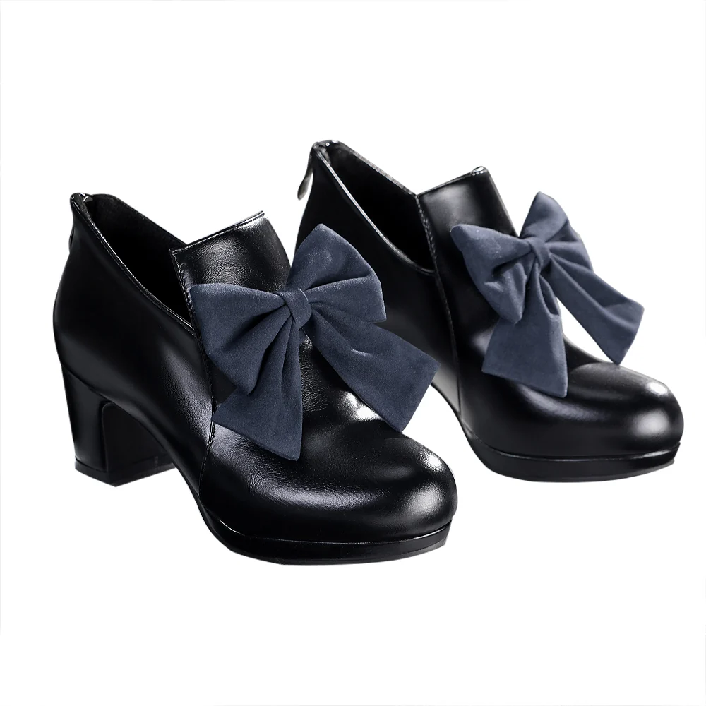 DokiDoki-SR Anime Cosplay Black Box Shoes Dark Gray Bow - Image 5