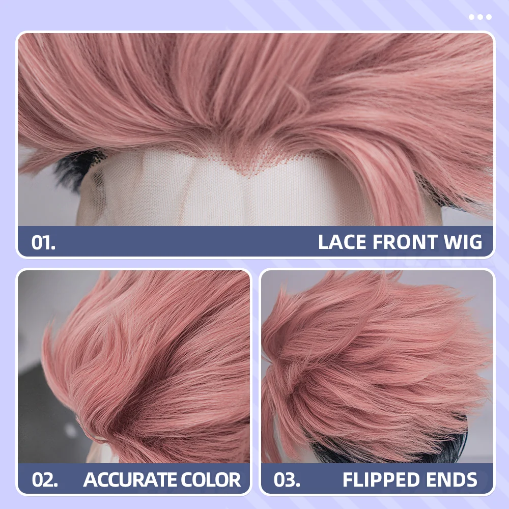 【Front Lace】DokiDoki Anime Cosplay Wig Short Pink Black Hair Halloween - Image 12