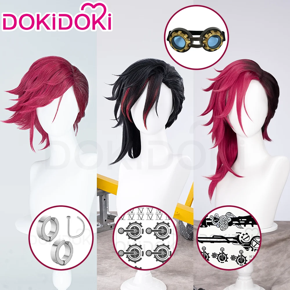 【Partially Ready For Ship】DokiDoki Game Cosplay Cosplay Wig / Earrings / Nose Ring / Tattoo / Goggle Curly Red / Young Version Black-Red / Gradient Color Matching Reverse Warping