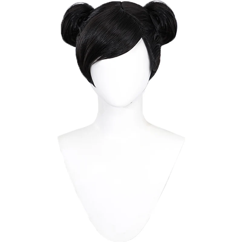 【Ready For Ship】DokiDoki Game Fighter Cosplay Wig Short Black Cute Bun - Image 4