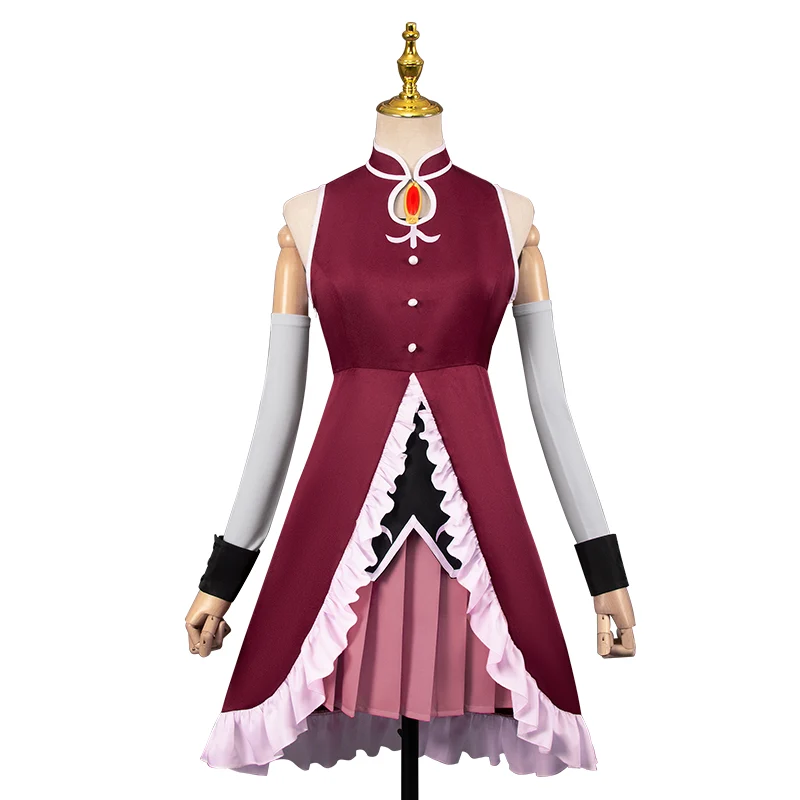 【Size S-2XL】DokiDoki-R Anime Cosplay Costume Red Dress Pink Ruffled Hem - Image 5